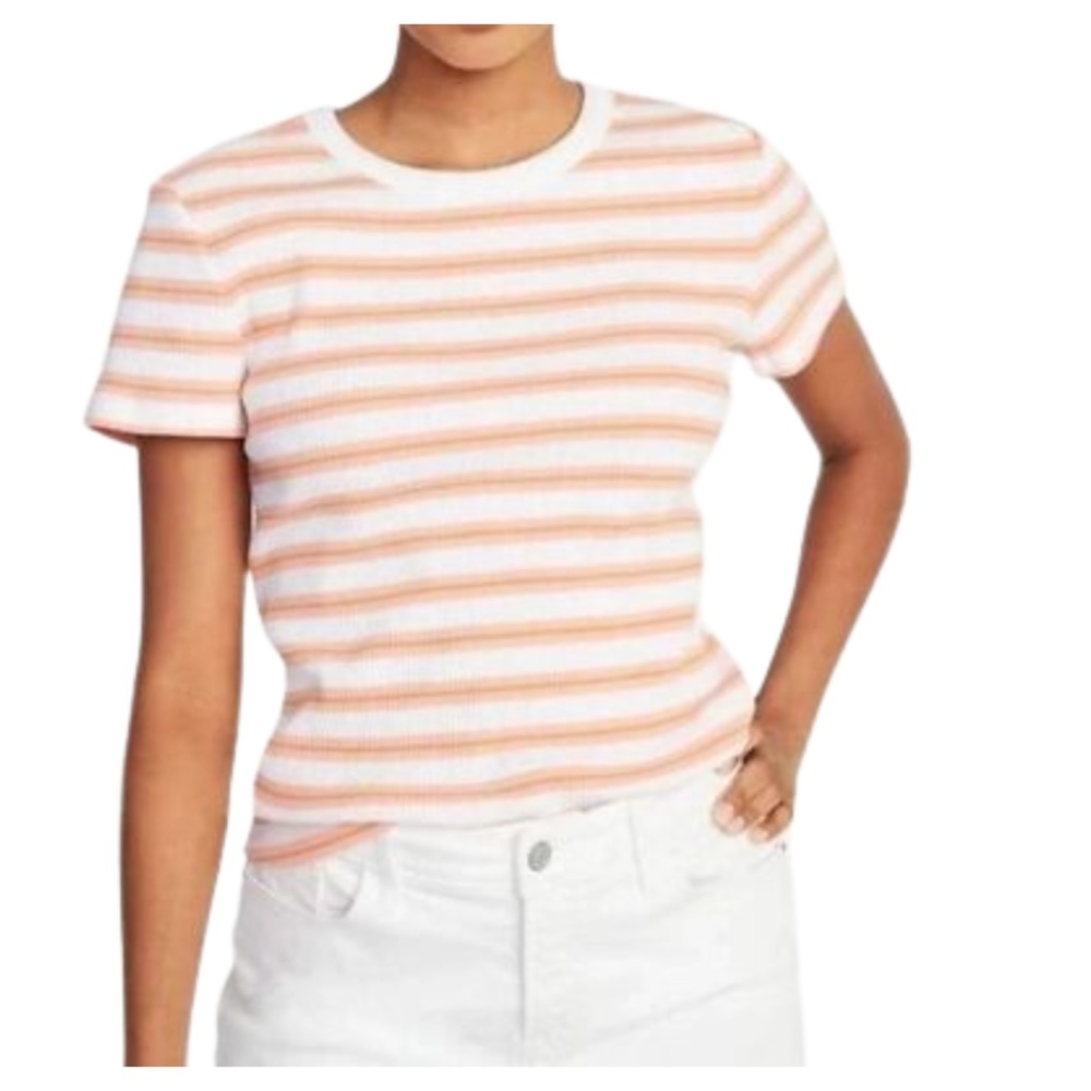 Striped Tee Slim Fit Ribbed Old Navy Pink White Yellow Size XS